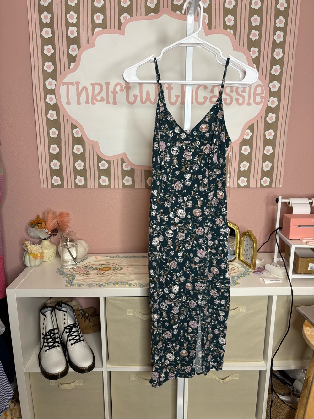 Wallflower Floral Slip Midi Dress - Dark Green Pink Floral